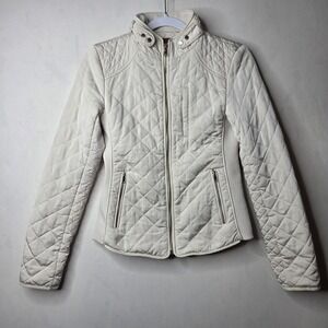 Zara Quilted Jacket Womens Extra Small Beige Diamond Lined Mock Neck Full Zip